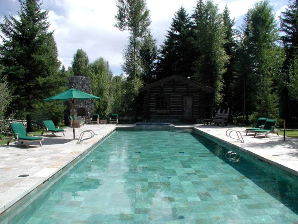 A pristine inground pool is surrounded by lush greenery.